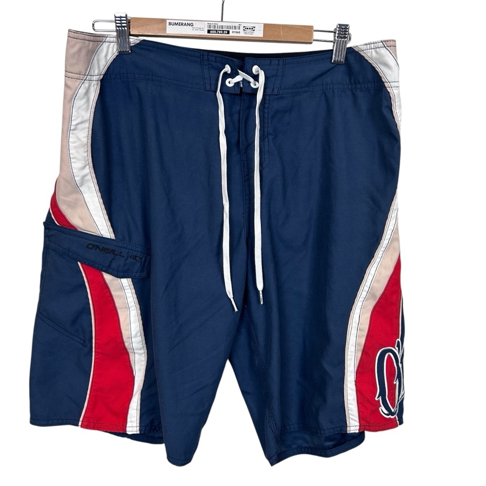 O'Neill men’s swim shorts trunks surf board lace-up‎ red blue cream size 34